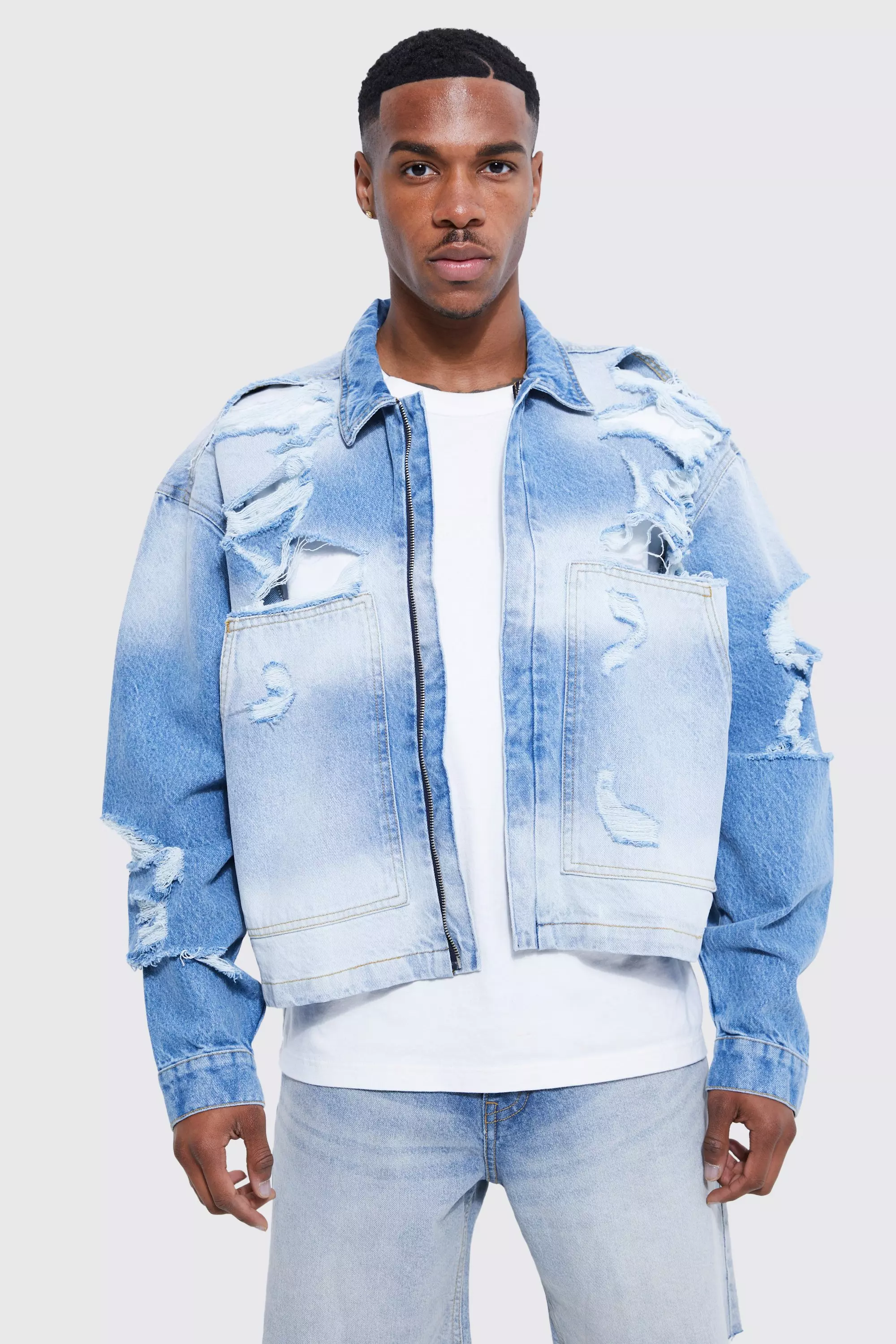 Dark blue ripped denim jacket sale